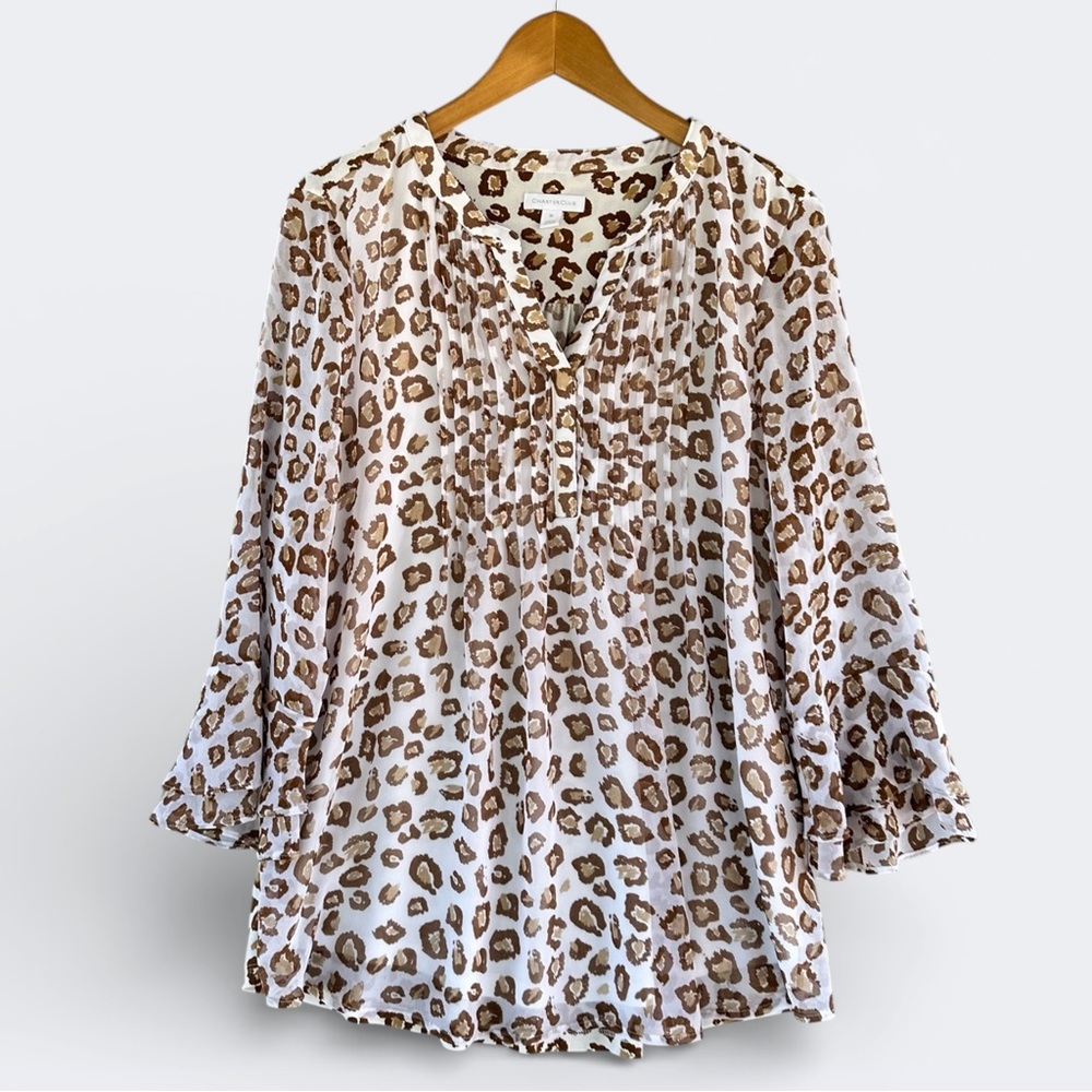 Charter Club Cream and Brown Leopard Print Peasant Blouse